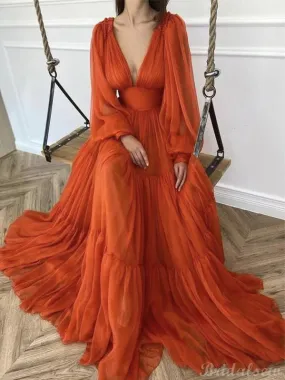 A-line Long Sleeves Light Burnt Orange Modest Prom Dresses PD018